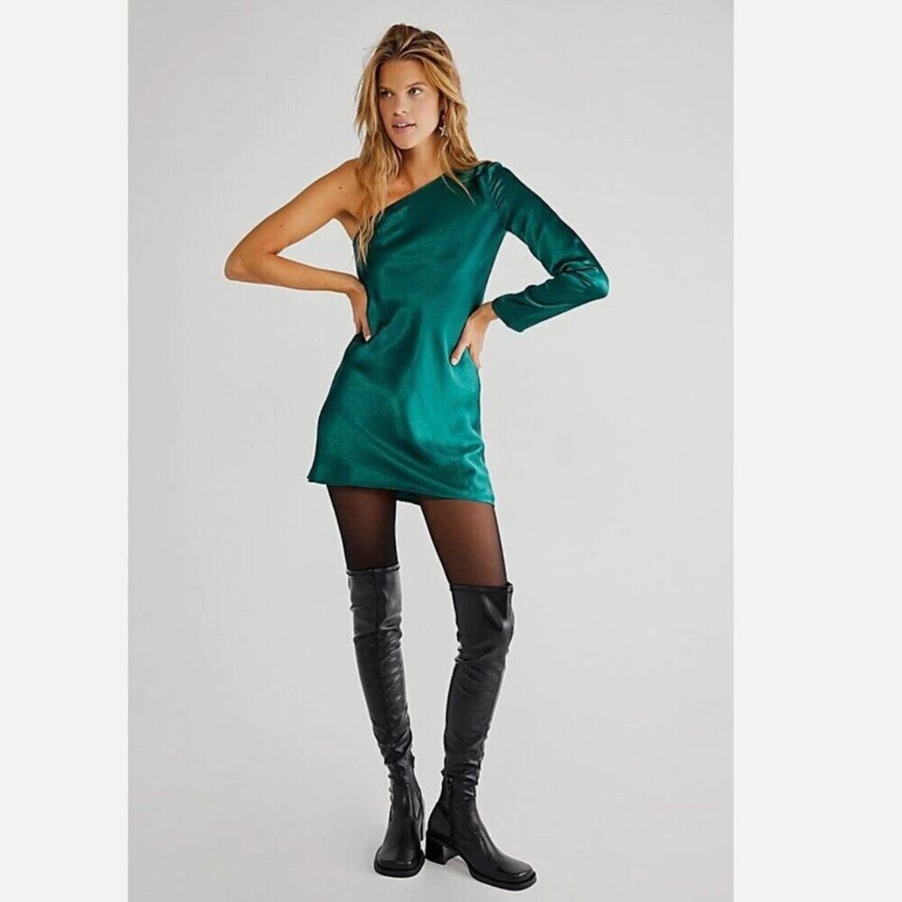 NWOT Free People Third Form Running Water Emerald Green Satin Mini Dress